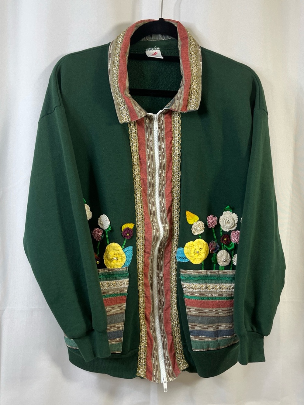 VTG Jerzees Southwestern Patchwork Floral Fleece jacket Full Zip L Made in USA